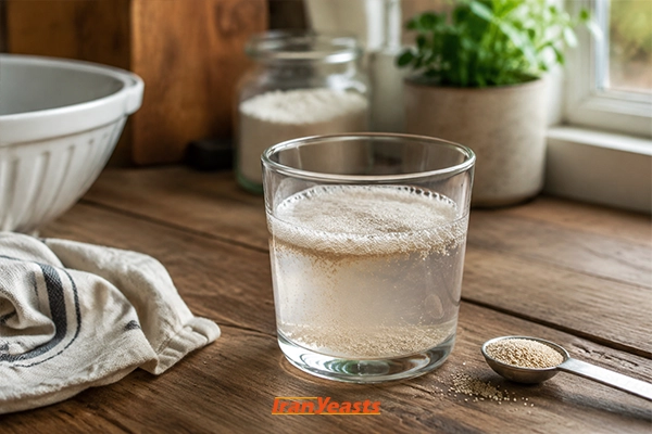 مراحل تست سلامت خمیرمایه خشک در یک لیوان شیشه‌ای؛ مشاهده لایه کف‌آلود و حباب‌دار روی سطح آب
