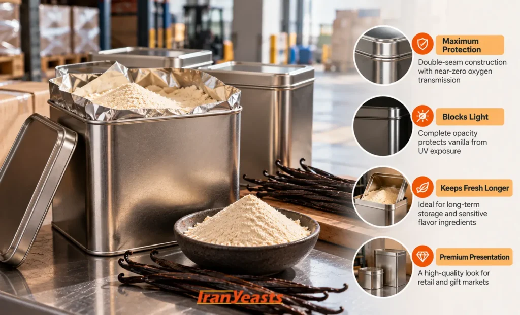 Tin packaging for bulk Iranian vanilla