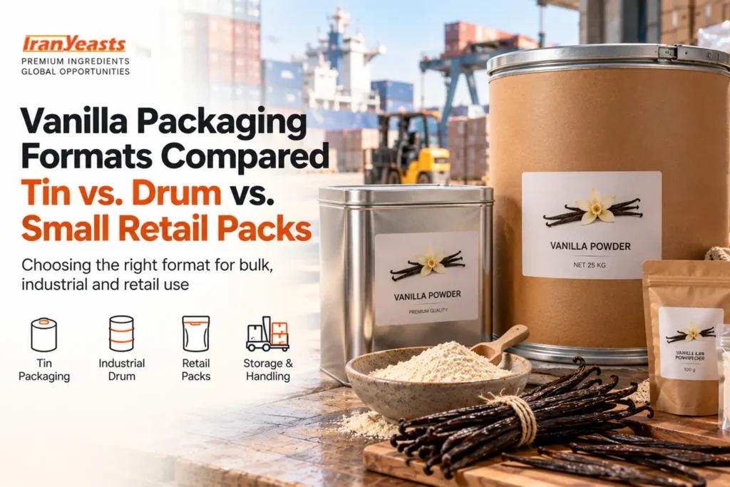 Vanilla packaging formats compared: tin vs. drum vs. small retail packs